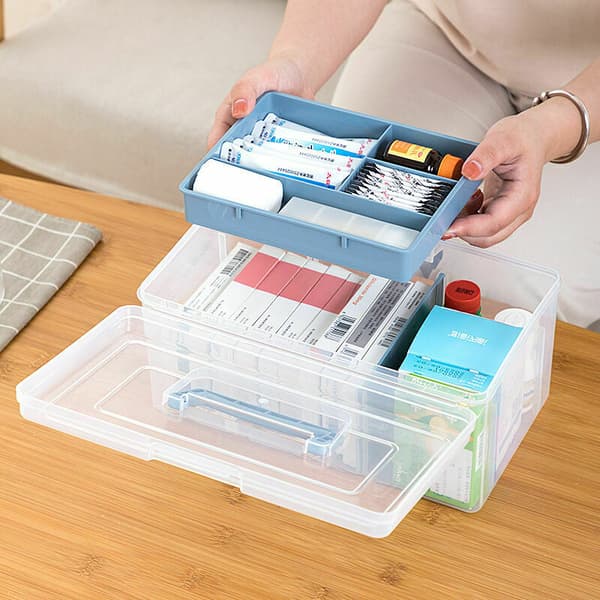 Portable medicinlåda, blå flerskiktsförvaringslåda