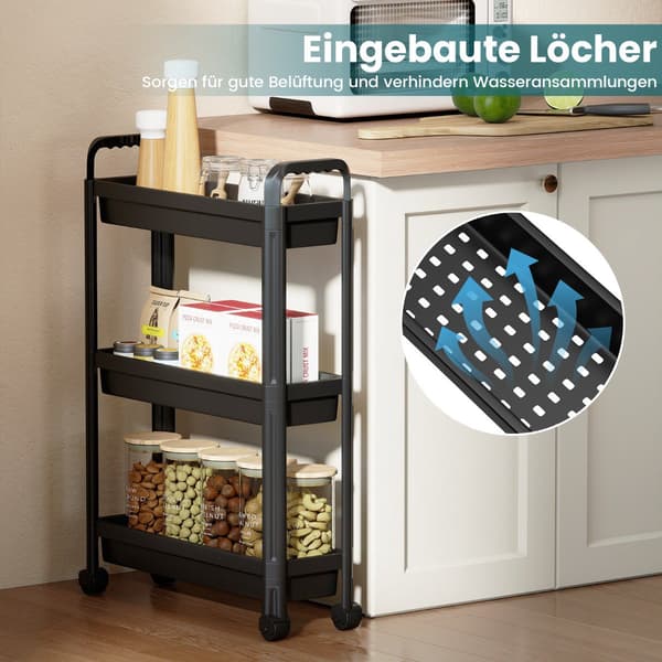 Slim 3-Tier Kitchen Cart with Handle, Black 2300