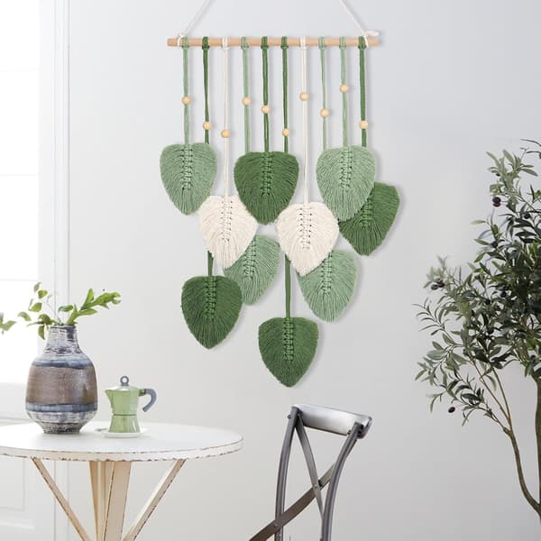 Makrame väggbonad grön blad tofs väv Boho Chic väggdekor handgjord vävd bomullstångsväv estetisk bohemisk väggkonst för sovrum