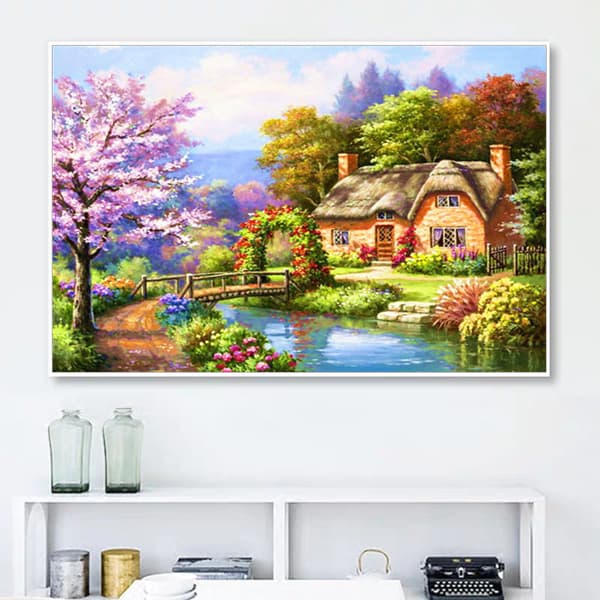30x40cm Kit#B 5D DIY Diamantmaleri, Huslandskab Diamant Pa