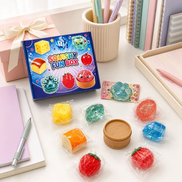 8-delt mad-tema squishy legetøjssæt, assorteret langsomt stigende squishy legetøj til stresslindring i gaveæske
