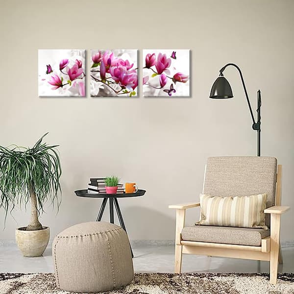 Sett med 3 lerretbilder, moderne lerretsmaleri av elegante orkidéblomster 30x30cm (uinnrammet)