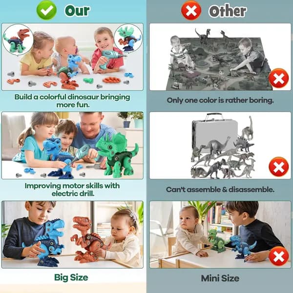 STEM Dinosaur Building Toys with Electric Drill, Disassemblable ABS Construction Set for Boys Girls Ages 3-8, 3-pack Multicolor