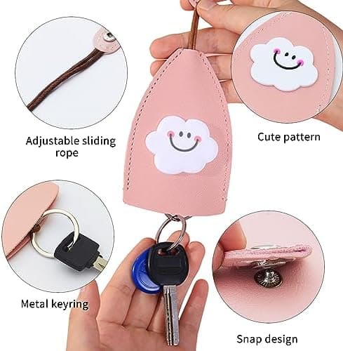 Cute Keychain Case 4-pack, PU Leather Car Key Case Portable Key Pouch for Car Keys, Personalized Retractable Key Bag (egg/cloud)