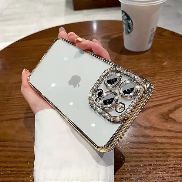 iPhone 13 Pro Max Deksel, Glitrende Diamant Rhinestone Kameraobjektivbeskyttelse, Krystall Bling Klar Søt Platering Telefondeksel Støtsikker - Gull