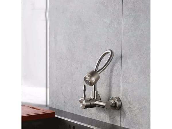 Wall-mounted 304 Stainless Steel Kitchen Faucet with 360° Rotation, Dual-mode Push Button Switch for Easy Cleaning