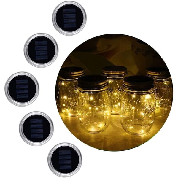 Solar Lights 10 LED String Lights for Mason Jars (Jars Not Included), Waterproof, Decoration for Patio, Garden, Wedding - Warm White - 5 Pack