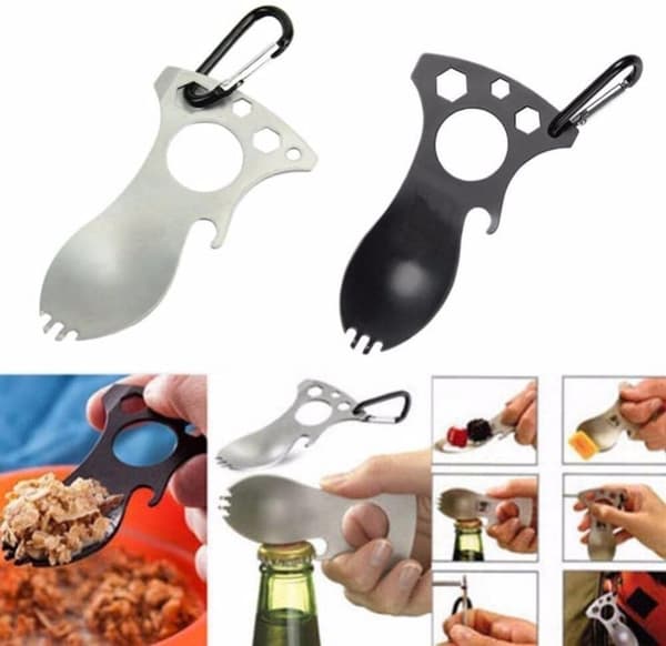 2-pack multifunktionell utomhuscamping gaffel sked hexagon flasköppnare karbinhake camping picknick bestick gaffel sked