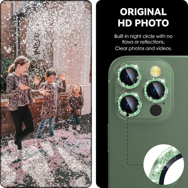 Green Glitter Rear Camera Protector Compatible with iPhone 13 Pro and iPhone 13 Pro Max, [Aluminum Alloy], Full Coverage 9H Hardness Camera Protector