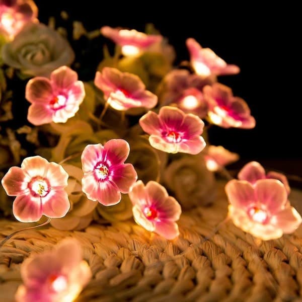 LED-lyskjede med kobbertråd, rosa blomster, utendørs dekorasjonsdesign, blinkende lys