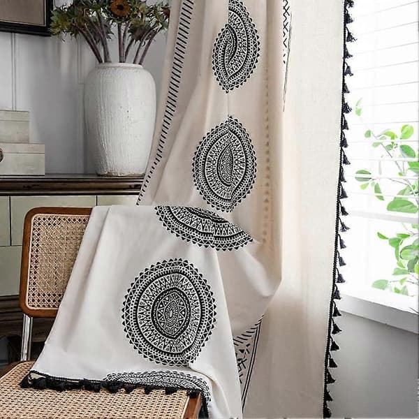 Curtains Mandala Geometric White and Black Curtains with Eyelets Polyester Cotton Curtains with Tassel for Kitchen Dining Room