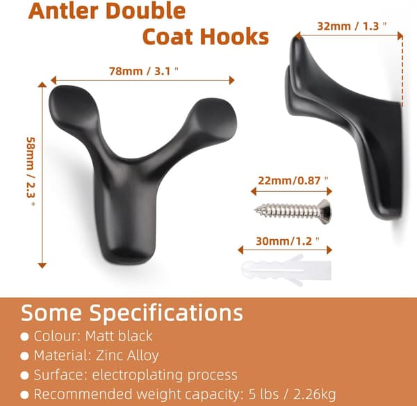 Wall Mounted Coat Hooks, 4 Black Double Children's Coat Hooks for Wall, Heavy Duty Wall Hooks for Hanging Jacket, Robe, Dog Leash