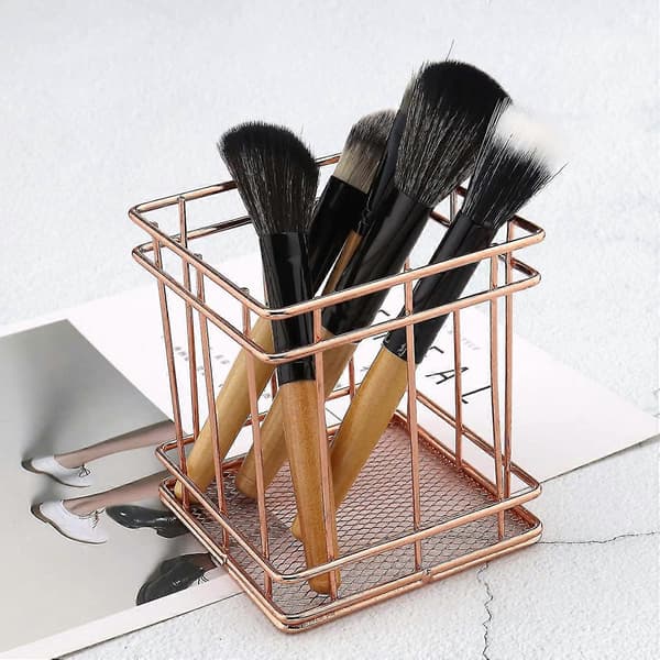 Rose Gold Mesh Basket - Hollow Iron Makeup Brush Holder, Multifunctional Desktop Organizer for Kitchen and Bathroom