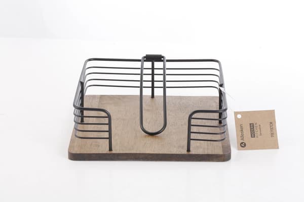MODERN KITCHEN Servietholder i sort metal og gummitræ 19x19x7 cm