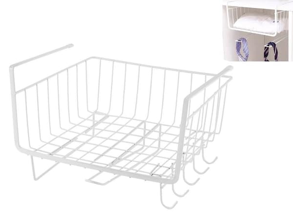 Under Cabinet Wire Basket, 5 Hooks, Paper Towel Holder, White, Kitchen Storage Organizer White