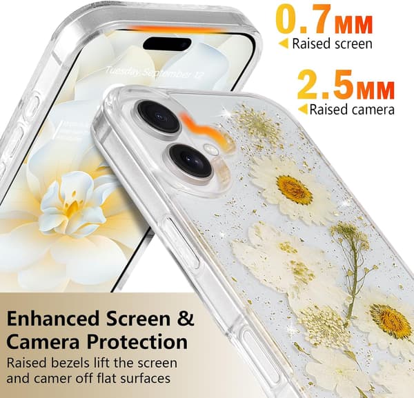 (Daisy) Blomstrete deksel til iPhone 16, transparent deksel med ekte tørkede blomstermønstre, glitrende søte blomsterdesign for kvinner og jenter
