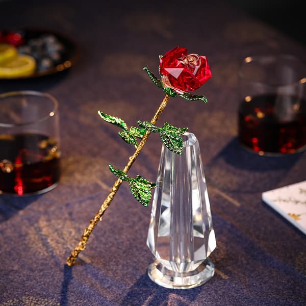 Kristallros Glas Rød Rose Blomst med Grønne Blade Krystal