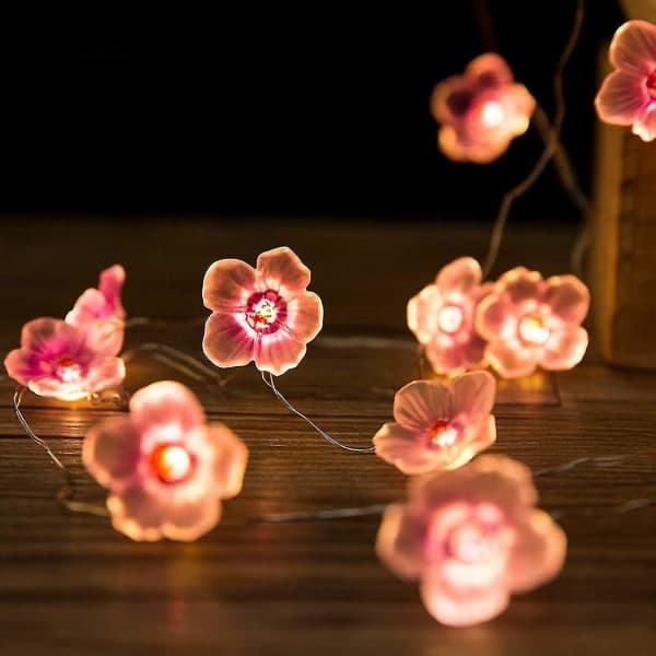 LED-kobbertrådslampe, lyskæde med lyserøde blomster, udendørs dekorationsdesign, blinkende lys