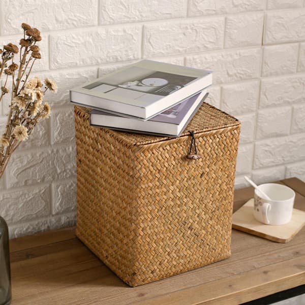 Khaki Straw Woven Storage Box with Lid, Multifunctional Desktop Organization Box for Small Items and Fruit