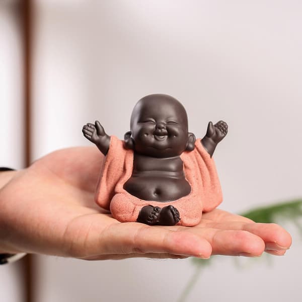 2x Lille Keramik Smilende Maitreya Glad Buddha Figur Ornament
