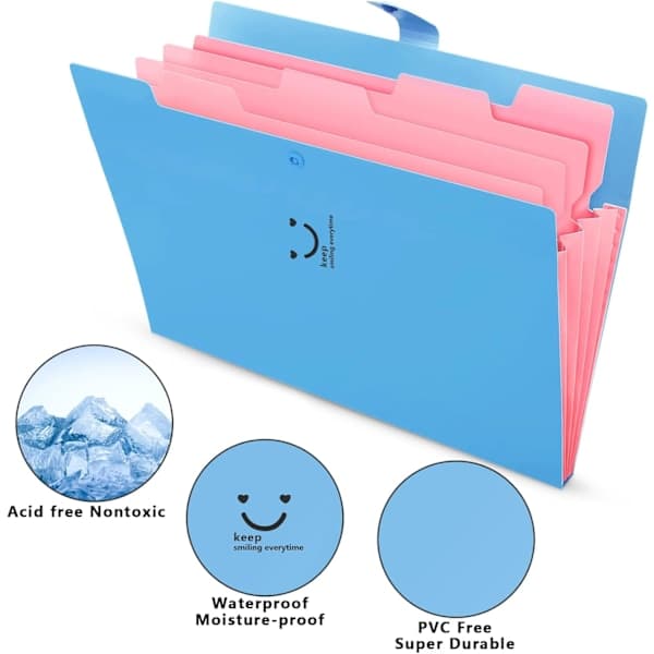 Expanding Folder, A4 Paper Pockets Accordion Document Bag Organizer Wallets Files Folders with Buckle for School Office, 5 Pockets Blue Blue