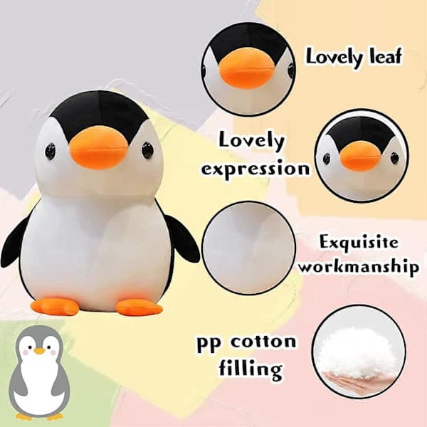 Muhkea pingviinipehmolelu, söpö 3D-pehmoeläintyyny, pehmeä ristiselän tuki, pehmolelulahja lapsille (25 cm)