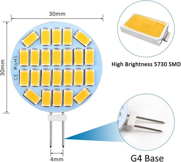 G4 LED 3W, AC12-24V, 300LM Varmvitt 3000K, 24x5730 SMD 6-pack