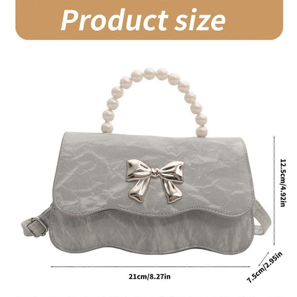 Women's PU Leather Shoulder Bag with Cute Bows, Pearl Handle, Handbag with Adjustable Strap, Small Crossbody Bag Blue Blue