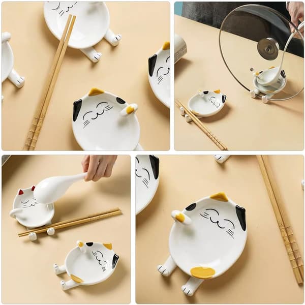 Ceramic Ladle Holder Spoon Rest Set of 2 Cartoon Cat Shape Kitchen Utensil Rest