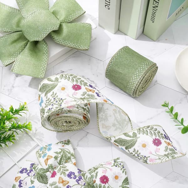 Grønne vilde blomsterbånd med trådkant - Retro forårsblomstret stofbånd til DIY-håndværk