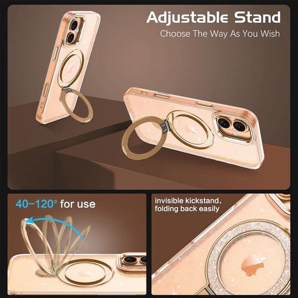 BOOLING Protective Case - For iPhone 17 - With Adjustable Magnetic Gold Ring - 2 Gold Tempered Glass Screen Protectors