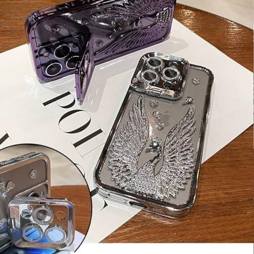 Etui til iPhone 15 Pro Max, Søde 3D Diamant Rhinestone Vinger med Bling Glitter Kamerastativ Blød TPU Støtfanger Beskyttelse