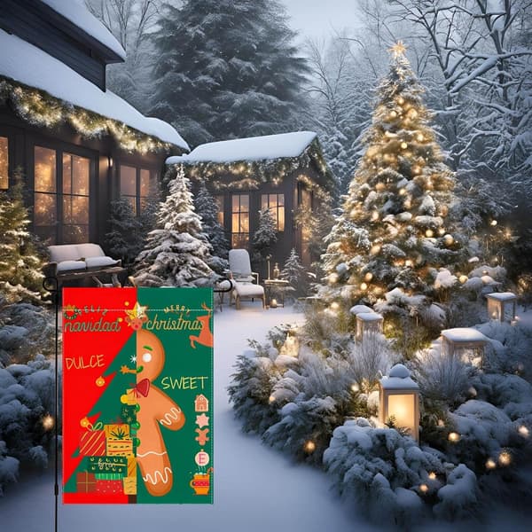 Gingerbread Pattern and Christmas Tree Garden Flag, Winter Garden Flag, 12x18 Double-Sided Linen