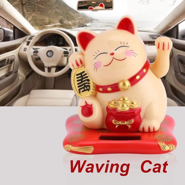 Solar Powered Lucky Cat Cute Waving Arm Cat Home Display Car Decor (Yellow)