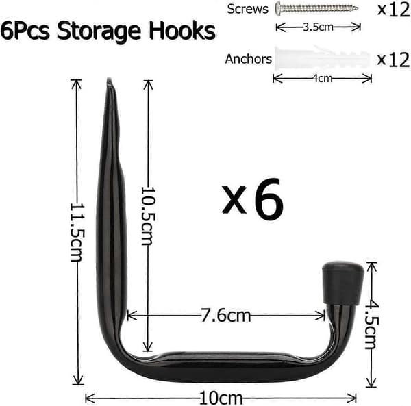 Heavy Duty J Hooks for Garage Storage, 6-Pack Wall Mounted Steel Hangers (12cm x 10cm)