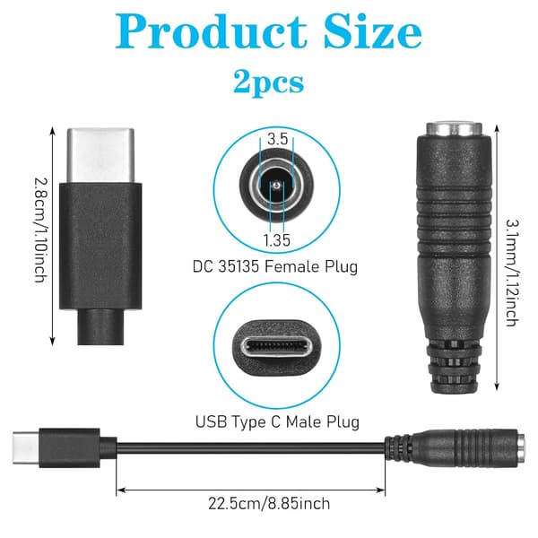 2 stk. 6\" USB til DC strømkabel 3,5 x 1,35 mm hun C-ledning stik til USB-C han forlænger til 3,5 mm fordeler 5V strømopladning
