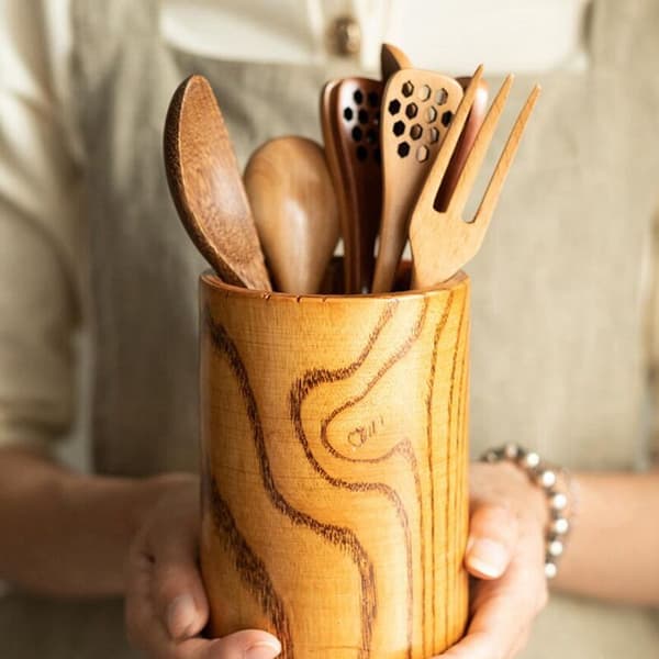 Chopstick Holder Cylinder Wood Multifunctional Kitchen Storage Tube 8.5X13Cm, with Drain Hole Easy to Empty
