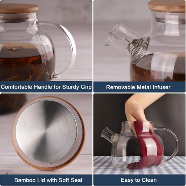 Glass Teapot with Bamboo Lid, Clear Teapot with Removable Infuser, Teapot for Loose Leaf and Blooming Tea