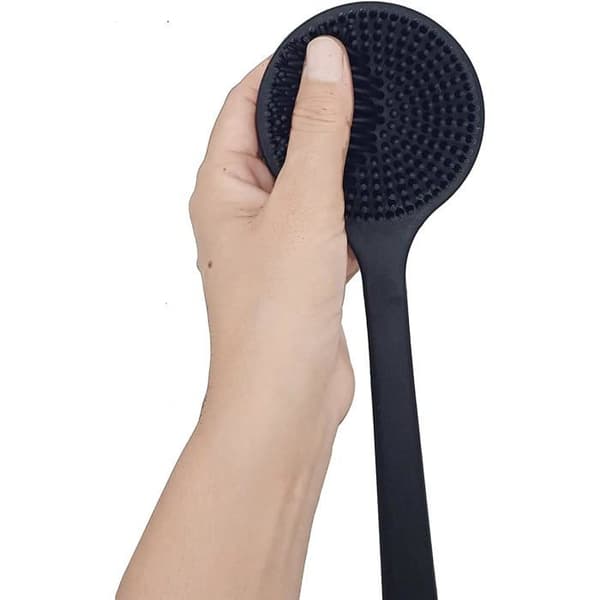 Soft Silicone Back Scrubber for Shower with Long Handle - BPA-Free and Hypoallergenic - Full Back Cleaning - Black