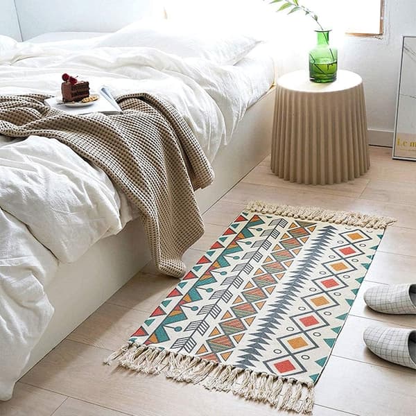 Fargerike tepper, små tepper til stuen, marokkansk teppe med dusker, geometrisk trykt 60x90cm maskinvaskbart flatvevd teppe