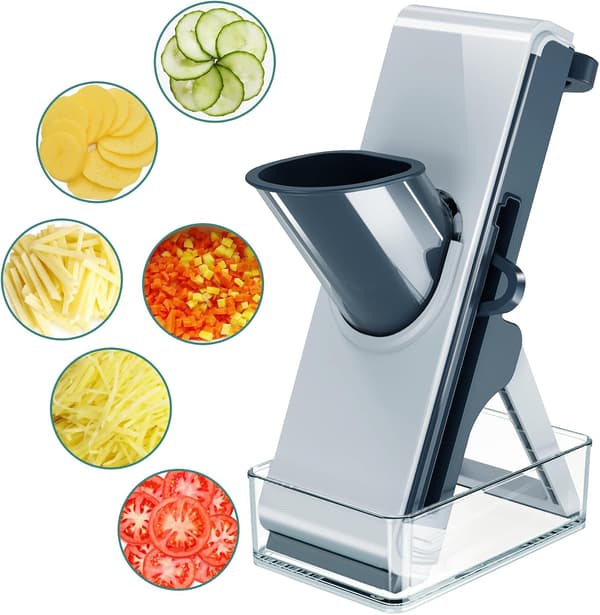 Safe Mandoline Kitchen Slicer, Potato Cutter, Vegetable Chopper with 4 Cutting Modes for Slicing, Grating, Shredding Grey Blue Grey Blue
