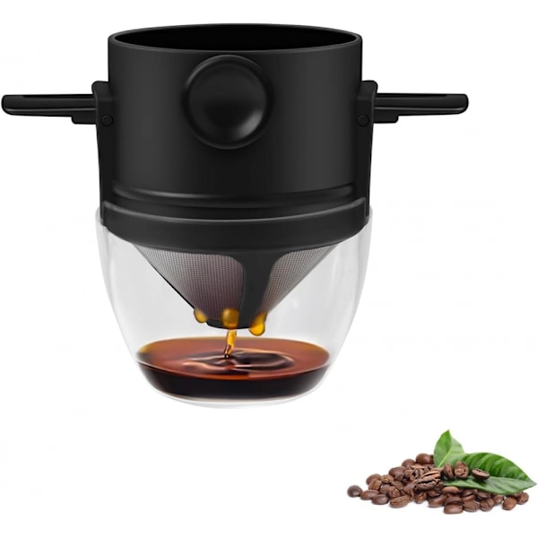 (Black) Portable Coffee Filter Reusable Coffee Dripper Cup Mini Foldable Paperless Pour Over Coffee Maker
