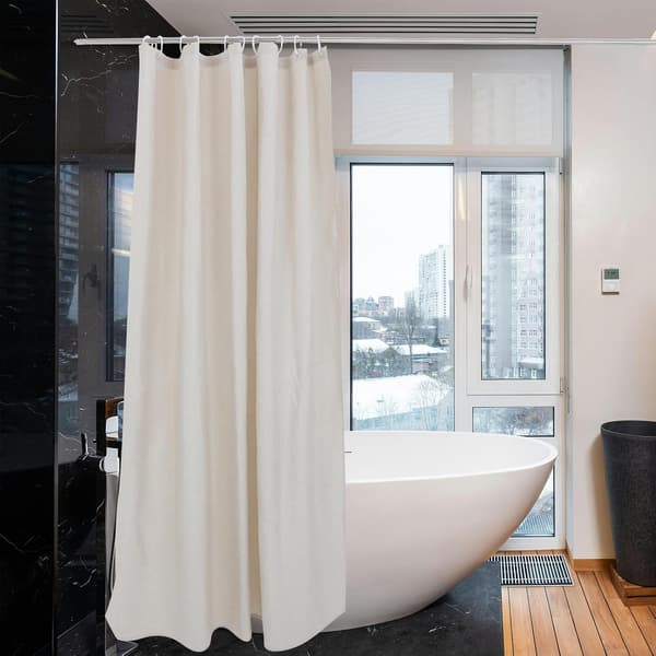 Linen Shower Curtain with Hooks, Thick Breathable Fabric in Beige, Neutral Minimalist Style