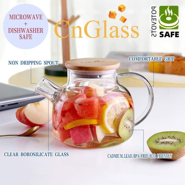 Glass Teapot with Bamboo Lid, Clear Teapot with Removable Infuser, Teapot for Loose Leaf and Blooming Tea