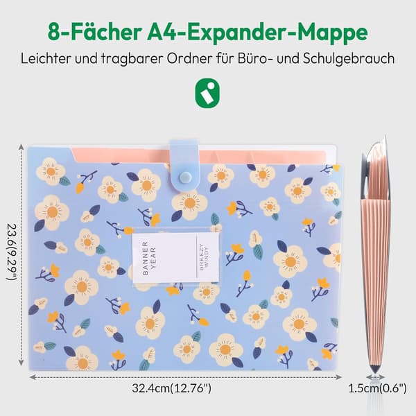Expandable A4 Folder with 8 Pockets, Waterproof, Flexible and Lightweight Document Organizer, Accordion Folder, Blue