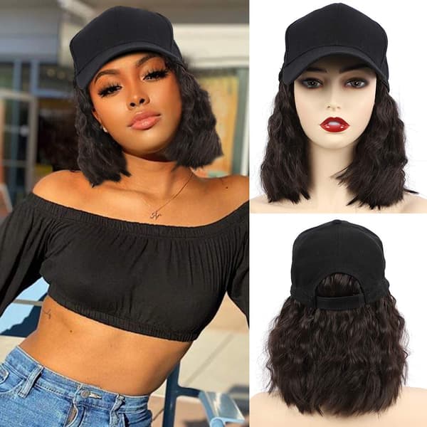 Women's Hat Wig, Short Wavy Baseball Cap Wig with Curly Hair Extension