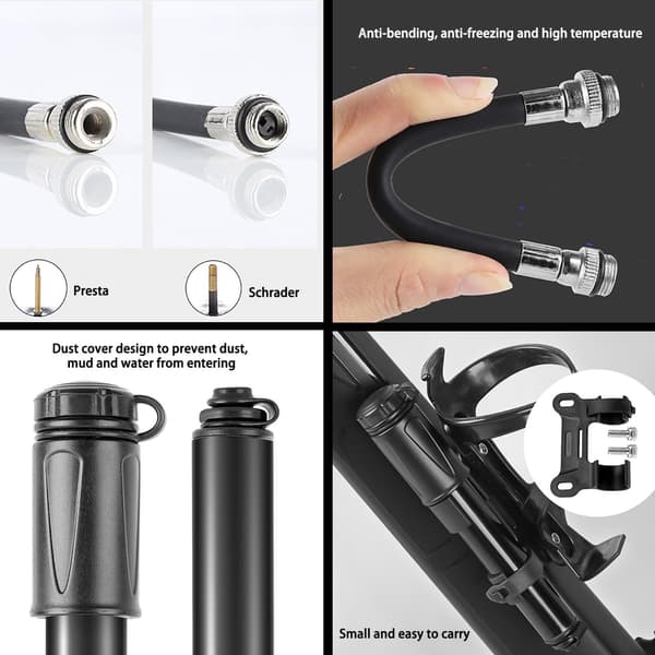 Minipump for bicycle, bike pump with needle and frame mount, perfect for bikes with Schrader or Presta valve