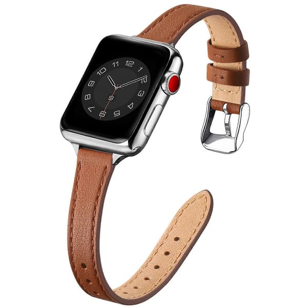 Leather Strap Compatible with Apple Watch 42mm 44mm 45mm 49mm, Slim Thin Leather Replacement Strap, for Women Men Brown&Silver