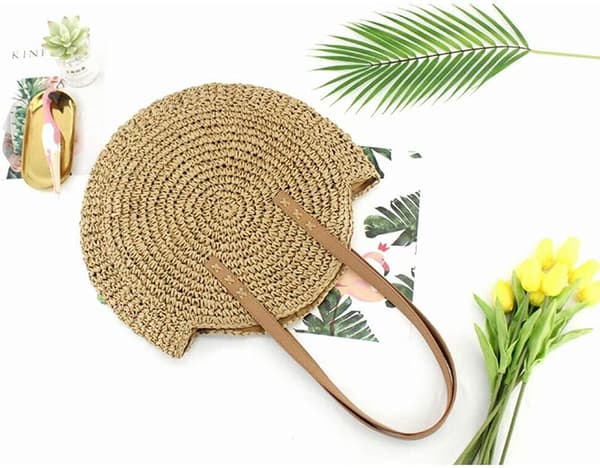 Round Woven Bag - Summer Beach Bag Straw Handmade Woven Shoulder Bag with Zipper, Leather Handle