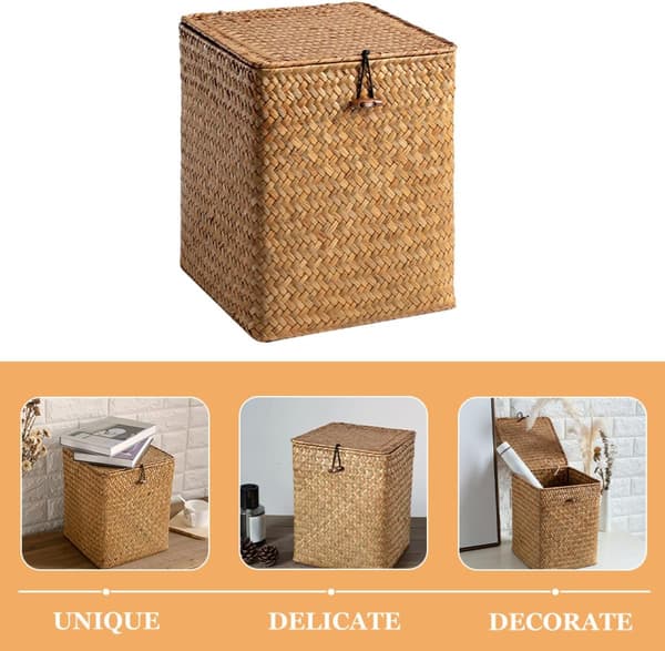 Khaki Straw Woven Storage Box with Lid, Multifunctional Desktop Organization Box for Small Items and Fruit